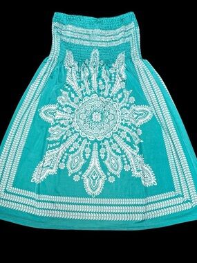 Women’s Teal Smocked Waist Circle Dress with White Mandala Print